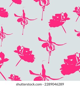patrón vectorial transparente: rosas rosas con fucsia rosa de fondo gris, con colores rosa y gris
