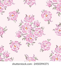 Seamless Vector Pattern of Pink Roses. Rose Flower. Flowers and Leaves. Vintage Floral Background.