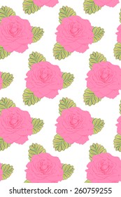 Seamless vector pattern with pink roses and leaves.