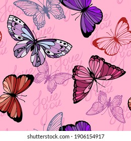 seamless vector pattern in pink shades with colored flying butterflies and love
