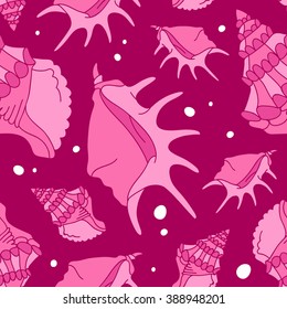 Seamless vector pattern of pink shells on a purple background.