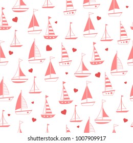 Seamless vector pattern with pink ships and red hearts on a white background. Cute child illustration. Sea transport. Cartoon travel pattern. Love boat. Lovely  wrapping for the St. Valentines day