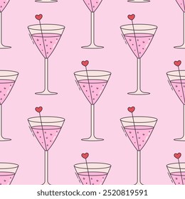 Patrón de Vector sin costuras con bebida espumosa rosa en un vaso. Bebida Abstractas en estilo de arte en línea sobre fondo rosa. Textura femenina mínima para el Fondo de pantalla, papel de embalaje, diseño textil