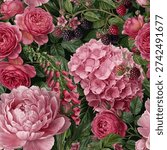Seamless vector pattern with pink summer flowers isolated on a changeable background. Vintage painting style illustration.
