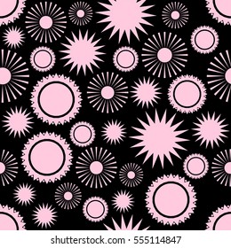 Seamless vector pattern, the pink sun on a black background