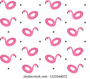 seamless vector pattern of pink swimming inflatable flamingo isolated on white background