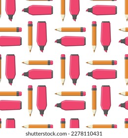 Seamless vector pattern with pink text markers and simple pencils. Background with stationery.