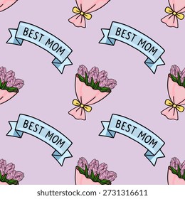 Seamless vector pattern of pink tulip bouquets and 