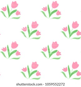 Seamless vector pattern with pink tulips with green leaves on a white background, artistic. Spring design illustration.