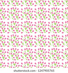 Seamless vector pattern of pink tulips on a white background, handmade, artistic. Illustration Spring, textured. Beautiful tile, wrapper, cover, textile, postcard, wallpaper design.
