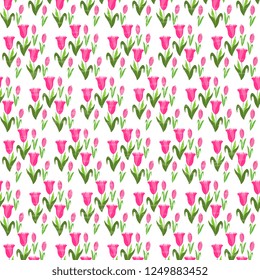 Seamless vector pattern of pink tulips on a white background, handmade, artistic. Illustration Spring, textured. Beautiful tile, wrapper, cover, textile, postcard, wallpaper design.