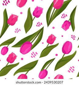 Seamless vector pattern with pink tulips on white background. Flat design with flowers for scrapbooking, kids clothes, dress, fabric and textile