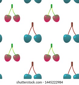 
seamless vector pattern with pink and turquoise cherry berries on a white background in cartoon style, fruit pattern for packaging design, textile