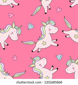 Unicornio rosa del patrón del Vector inconsútil en un fondo rosado