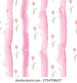 Seamless vector pattern with pink watercolor tulips and soft vertical stripes. Delicate floral background for spring textile and stationery design.