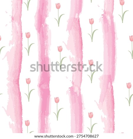 Seamless vector pattern with pink watercolor tulips and soft vertical stripes. Delicate floral background for spring textile and stationery design.