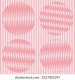 Seamless vector pattern with pink and white stripes and circles.