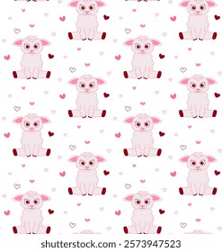 Seamless vector pattern with pink white cute sheeps and hearts. Cute farm print. Vector hand drawn illustration. Valentines day, CNY
