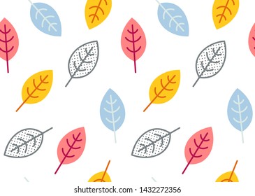 Seamless vector pattern with pink, yellow, blue and speckled leaves.