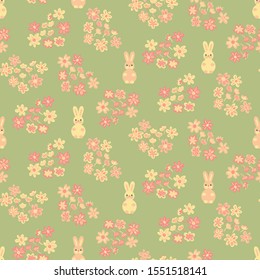 A seamless vector pattern with pink and yellow bunnies and foral hearts on a fresh green background. Spring surae print design. Great or easter fabrics and stationery.
