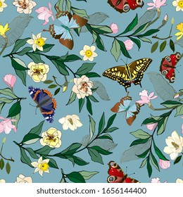Seamless vector pattern with pink and yellow roses and daffodils flowers. Illustration with colorful butterflies and green leaves on a blue background.