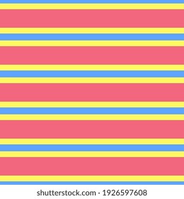 Seamless vector pattern with pink and yellow stripes on a blue background. Cheerful packaging, textiles, postcard, fabric design.