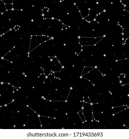 Seamless vector pattern with pink zodiac constellations on black background. Space background.