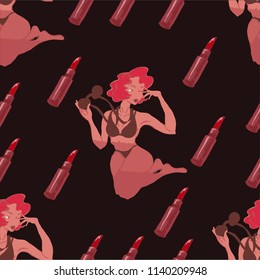 Seamless vector pattern with Pinup Girl sitting in a vintage swimsuit