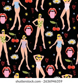 Seamless vector pattern with pinup girl in swimsuit, red lip, daisy, flower, and cherry. Black cute girly summer background.