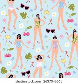 Seamless vector pattern with pinup girl in swimsuit, red lip, cherry, flower, tropical plant, lollipop, and sunglasses. Colorful cute girly summer vacation background.
