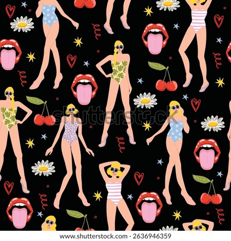 Seamless vector pattern with pinup girl in swimsuit, red lip, daisy, flower, and cherry. Black cute girly summer background.