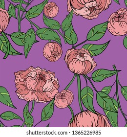 Seamless vector pattern with pion flowers on purple background. Wallpaper and textile design. Good for printing. Wrapping paper idea.