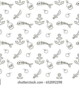 Seamless vector pattern. Pirate decorative symbols pattern on the white background. Rum, fish skeleton, anchors, shell pattern.