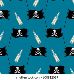 Seamless vector pattern with pirate flag and message in a bottle. Perfect for wrapping paper, wallpaper, repeating elements, vintage design, notebook cover, fabric clothes design.