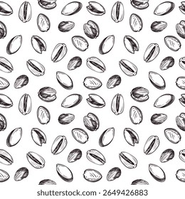 Naadloos vectorpatroon. Pistachenoten in de schaal en zonder de schaal. Alle objecten worden met de hand getekend in vector. De illustratie is geschikt voor het afdrukken op stof, papier, productverpakking ontwerp.