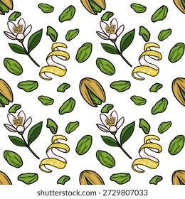 Padrão vetorial sem costura de pistache, flores de pistache e redemoinhos de raspas de limão em um fundo branco.
