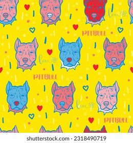 Seamless vector pattern with pit bull faces in pop art style