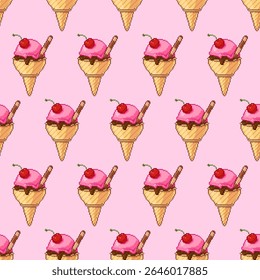 Seamless vector pattern of pixel art ice cream cones with cherry topping and wafer stick. Repeating retro dessert design on a pink background. Ideal for packaging, fabric, and summer-themed projects.