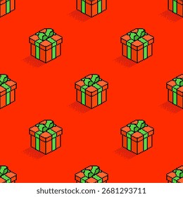 Seamless vector pattern of pixelated holiday gifts in 8-bit style. Festive Christmas and New Year pixel art for wrapping paper, textile, and winter wallpaper designs