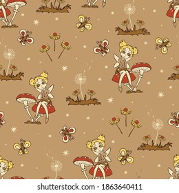 Seamless vector pattern with pixies and mushrooms on beige background. Fantasy forest wallpaper design for children. Fairy fashion textile.