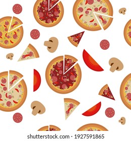 Seamless vector pattern with pizza, slices, tomato, mushrooms and pepperoni isolated on white background. Vector illustration for postcards and design. 