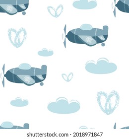 Seamless vector pattern with planes isolated on a white background. Children illustration. Vector hand drawn illustration.
