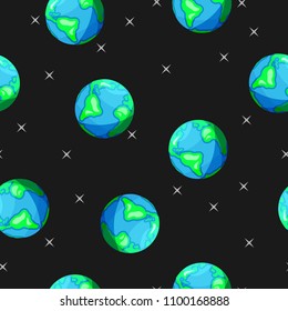 Seamless vector pattern with planet Earth on black background.  Flat cartoon collection of heavenly bodies. Design for web page backgrounds, fabric, wallpaper, textile and decor.