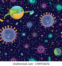 Seamless vector pattern. Planet Earth as character spray the cleaning sanitize chemical to disinfect COVID-19 virus pathogen. Scene with a virus attack on the planet earth. Cartoon style.