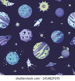 Seamless vector pattern with planets and asteroids on a dark blue background.