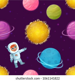 Seamless vector pattern with planets, astronaut and stars. Perfect for textile, covers, wallpapers and other design works