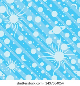 Seamless vector pattern of planets, moon, stars and suns. All blue galaxy background. Dotted design with diagonal stripes. Endless repeat pattern of the universe.