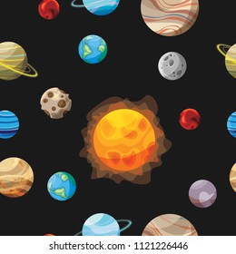 Seamless vector pattern of planets on black background. Flat cartoon set of heavenly bodies. Solar system concept. Design for web page, fabric, wallpaper, textile, invitations, flyers, brochures.