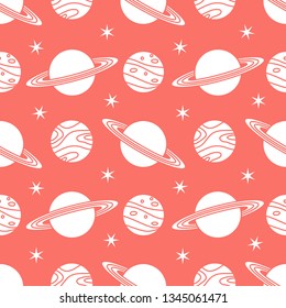 Seamless vector pattern with planets, Saturn, stars. Space exploration. Astronomy. Science. Design for astronomy apps, websites, print.