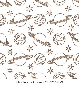 Seamless vector pattern with planets, Saturn, stars. Space exploration. Astronomy. Science. Design for astronomy apps, websites, print.